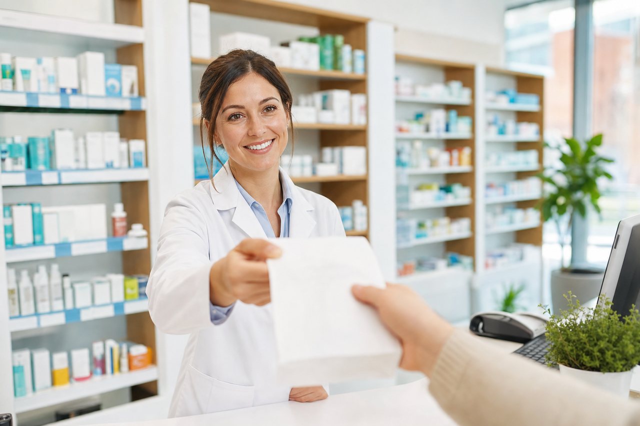 A Pharmhealth pharmacist handing over a prescription at the counter